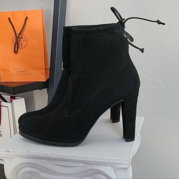 Stuart Weitzman Ankle Boot Perfection Glove Heel bootie Tie back black suede - Picture 4 of 14